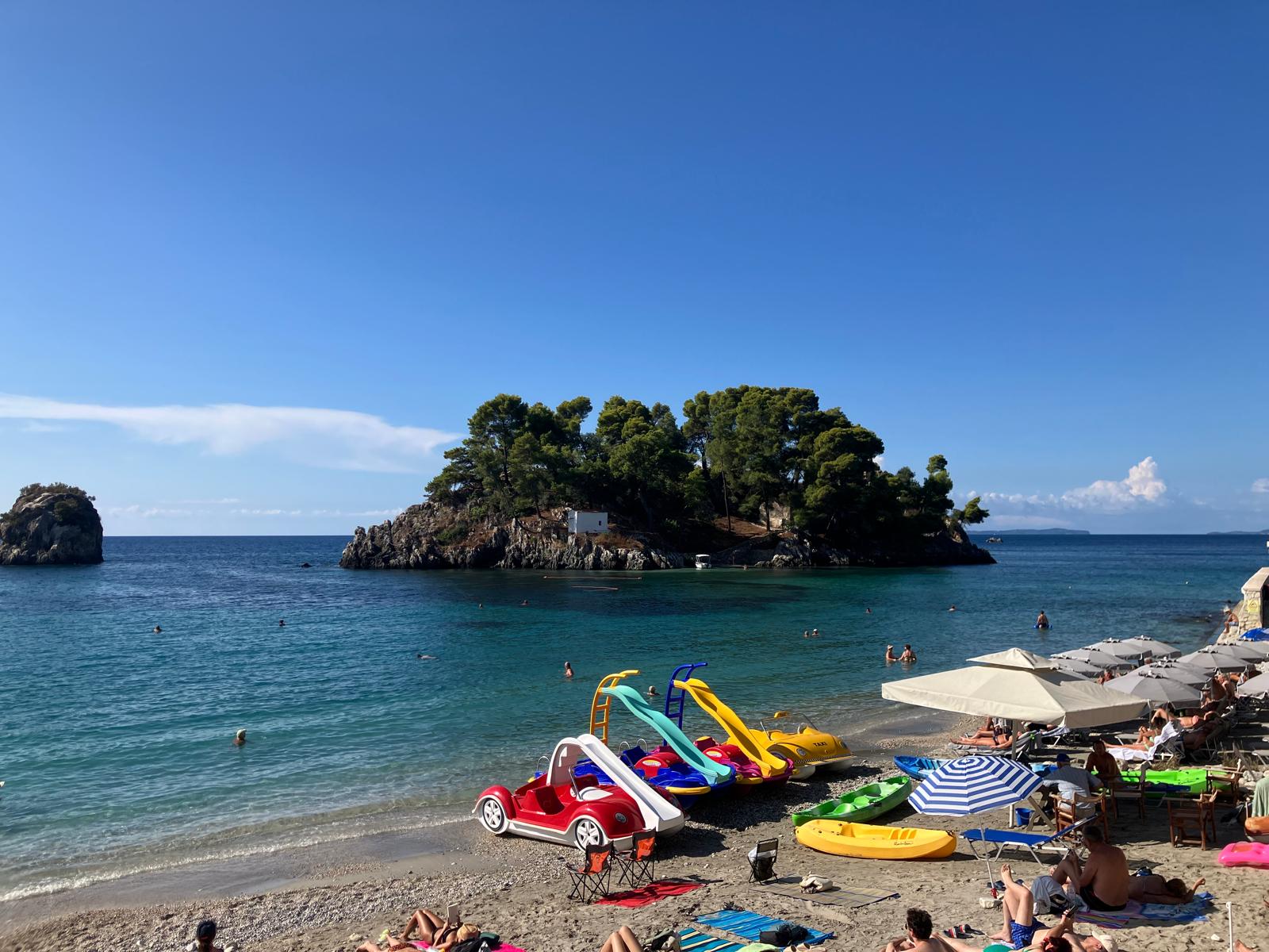 The islet of Panagia, with its white chapel, just off the harbour.
